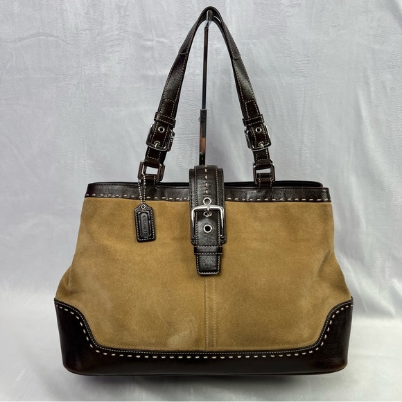 Coach Hamptons Madison Leather Suede Carryall Satchel Handbag Brown Tan - Picture 1 of 14